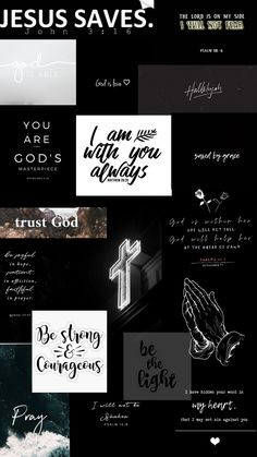 the word jesus saves written in different font styles and colors, including black and white