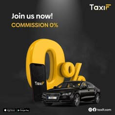 a taxi advertisement with the words taxi on it and an image of a car next to it