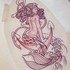 a drawing of a mermaid sitting on top of an anchor