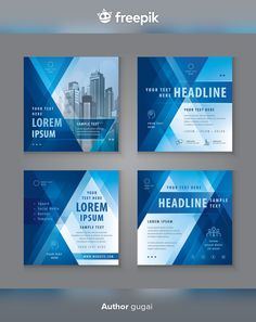 a set of brochures with blue geometric shapes