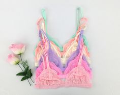 Floral Lace Triangle BRALETTE Bra Bustier crop top by VUTIQ Feminine Triangle Top Bra With Delicate Lace, Pink Triangle Top With Built-in Bra, Delicate Lace Fitted Triangle Top Bra, Feminine Pink Lace Bra, Pink Lace Bralette, Lingerie Inspiration, Cute Lingerie, Colorful Crop Tops, Bralette Top