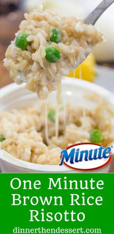 a spoon full of rice with peas being lifted from the bowl and topped with green peas