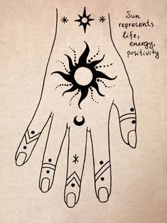 a drawing of a hand with sun and moon designs on it's palm area