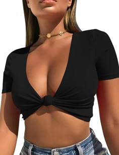 PRICES MAY VARY. Fabrics: Cotton and Spandex, the ribbed crop top is high stretchy, solid color and soft touching Features: Show off your killer curves in this knot in front crop top, ribbed fabrics, short-sleeved design, plunging neckline, slim fit, simple cute, deep v neck, bodycon fitted Size: S=US(4-6), M=US(8-10), L=US(12-14), XL=US(16-18), Women with plump bust order One Size Up,Please check the recommended size chart in the description carefully before purchase. Occasion: This sexy bow-ti Look Short Jeans, Instagram Baddie, Look Short, Front Crop Top, Ribbed Crop Top, Crop Top Outfits, Crop Top And Shorts, Crop Top Shirts, Short Jeans