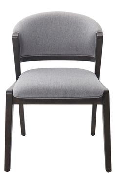 an upholstered chair with grey fabric and wood frame, viewed from the front