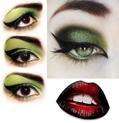 Witch make up green eyes and red & black lips for Halloween Make Up Green Eyes, Make Up Green, Makeup Chart, Makeup Verde, Makeup Meme, Downturned Eyes, Makeup Mask, Revolution Palette, Halloween Makeup Witch