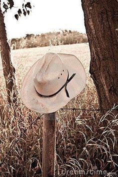 a cowboy hat sitting on top of a wooden post in the middle of a field