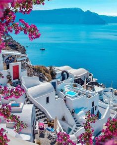 an aerial view of the blue water and white buildings with pink flowers in front of them