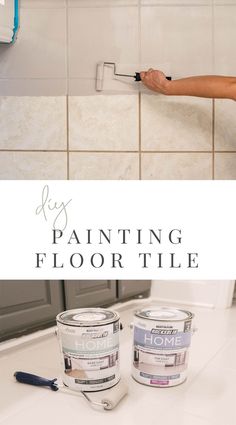 a person painting tile with paint rollers on the counter and two buckets next to it