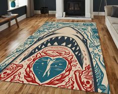 a living room with a shark rug on the floor