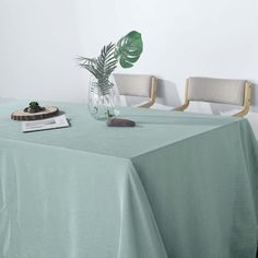 a table with two chairs and a plant in a glass vase on top of it