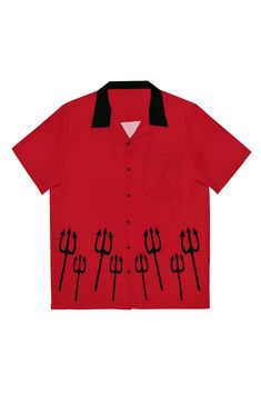 Show off your devilish side in this button down shirt! This shirt features our custom pitchfork artwork around the border in black on a blood red fabric with contrast collar. .: Material: 95% polyester, 5% spandex.: Boxy fit.: Chest pocket This is a made to order item. Please allow 1-2 weeks to make and ship your order. Contrast Collar, Blood Red, Mens Hawaiian Shirts, Red Fabric, Chest Pocket, Button Downs, Button Down Shirt, Spandex, Collar