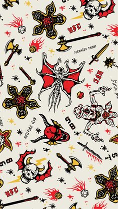 a white background with many different types of tattoos on it, including skulls and swords