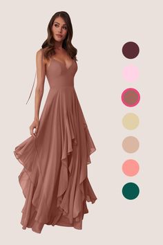 This flowy dress features double adjustable spaghetti straps with a bow tie at the shoulders, pockets, and a ruffled tier handkerchief cut skirt. Biker Wedding, Cute Formal Dresses, Rose Bridesmaid Dresses, Blush Bridesmaid Dresses, Fall Wedding Guest, Grey Bridesmaid Dresses, Fall Wedding Guest Dress, Mother Wedding Dress, Chiffon Bridesmaid Dresses