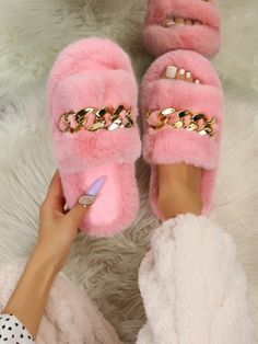 Pink Fashionable Collar   Plain Slides Embellished   Women Shoes Fuzzy Boots, Fluffy Slippers, Buckled Flats, Outdoor Slippers, Fuzzy Slippers, Warm Slippers, Slides Women