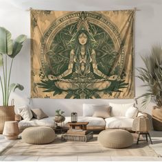 a tapestry hanging on the wall in a living room