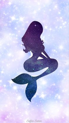 the silhouette of a mermaid sitting on top of a blue and purple star filled background