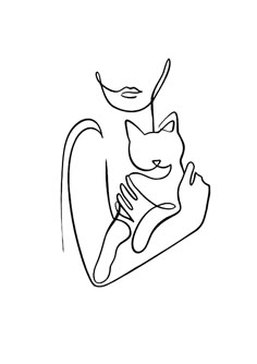 a black and white drawing of a person holding a cat