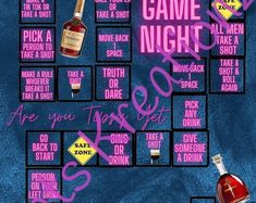 a game night poster with liquor bottles on it