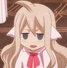 an anime character with long blonde hair wearing a red bow tie and white shirt, looking at the camera