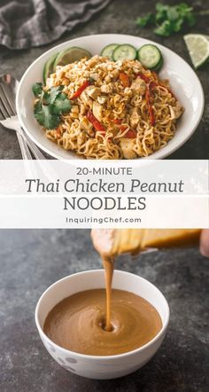 thai noodle noodles with peanut sauce being drizzled over them in a white bowl