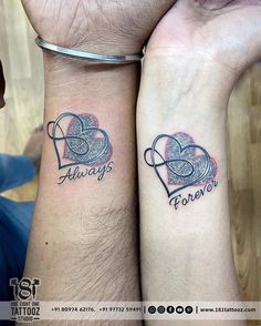 two people with matching tattoos on their arms