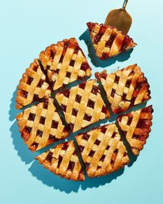 several pieces of pie on a blue surface