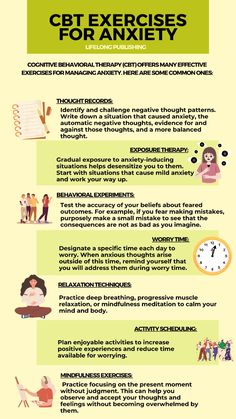 7  CBT exercises for managing anxiety! Learn how to challenge negative thoughts, practice exposure therapy, and use relaxation techniques to reduce anxiety. Check out these tips and start feeling better today! #CBT #anxietyrelief #mentalhealth #mindfulness #selfcare #therapytips Cbt Therapy, Mental Health Activities, Exposure Therapy, Therapeutic Activities, Mindfulness Exercises, Therapy Worksheets