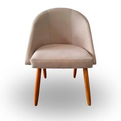 an upholstered chair with wooden legs and a beige leather seat, viewed from the front