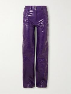 16ARLINGTON's 'Vante' pants are made from supple leather with a light texture and subtle sheen. They're designed to sit high on the waist and have straight, slouchy legs with sewn creases at the hems. The satin-twill lining ensures a smooth fit and comfortable feel. Patent Leather Pants, Canada Clothes, Sport Swimwear, Leather Trousers, Purple Leather, Purple Rain, Light Texture, Pants Straight, Straight Leg Pants