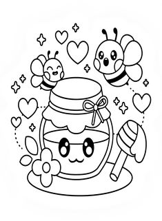 a cartoon honey jar with two bees flying around it and hearts floating in the air