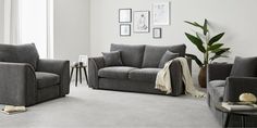 modern 3 piece living room furniture set 2 seater, 3 seater sofas and armchair with squared back cushions. in charcoal grey velvet 3 Piece Living Room Set, Living Room Set, Grey Velvet, Cushion Design, 3 Seater Sofa