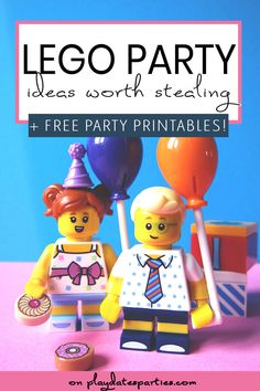 lego party ideas with text overlay that reads, lego party ideas with steling + free party printables