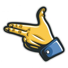 a yellow hand with blue thumb pointing to the side on an isolated white background illustration