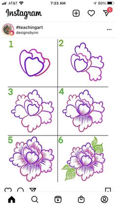 how to draw flowers step by step with pictures on the screen and then in color