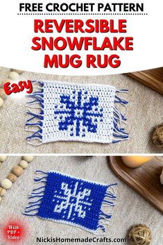 two pictures showing how to crochet the reversible snowflake mug rug