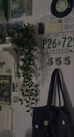 a black bag hanging on the wall next to a potted plant and record player