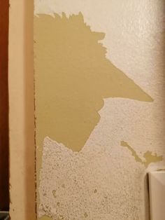 a bathroom wall with some paint on it and a toilet paper dispenser