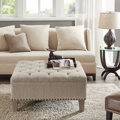 a living room scene with focus on the couch and ottoman