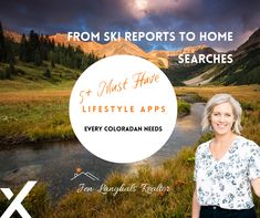 a woman standing in front of a river and mountains with the words from ski reports to home searches