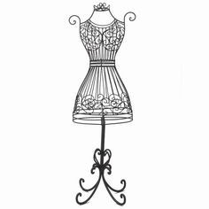 a black and white drawing of a dress on a mannequin with an iron stand