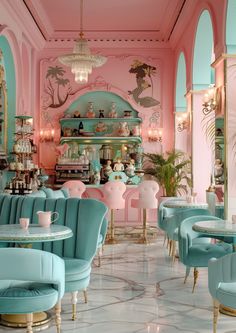 a room filled with lots of blue and pink furniture