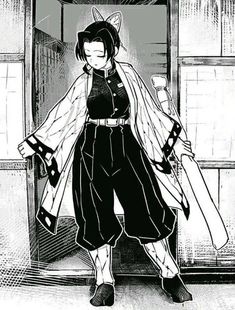 an anime character in black and white with her hands on her hips, looking at the camera