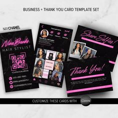 three black and pink business cards for hair stylist with qr code on them