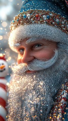 a close up of a person wearing a santa clause hat and holding a snowman