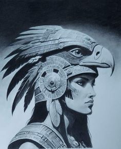 a drawing of a native american woman wearing an eagle headdress with feathers on her head