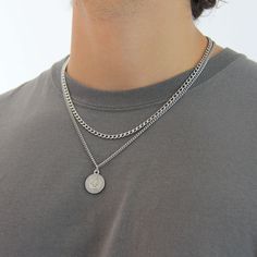 A timeless, durable and stylish stainless steel necklace set for men that is perfect for any occasion, and will not tarnish or rust over time, even when worn in the water. 💎Free shipping on all orders💎Waterproof and non-tarnish💎Packaging that is ready to offer as a gift💎Customizable chain length Wear both necklaces together or wear them separately for different looks! The beauty of a necklace set lies in its versatility: you can wear both necklaces together, the chain alone or the pendant ne Short Silver Necklace, Silver Necklace Set, Mens Silver Necklace, Coin Pendant Necklace, Mens Jewelry Necklace, Steel Necklace, Coin Pendant, Stainless Steel Necklace, Steel Jewelry