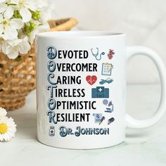 a white coffee mug with the words devoted to someone caring for their or her children