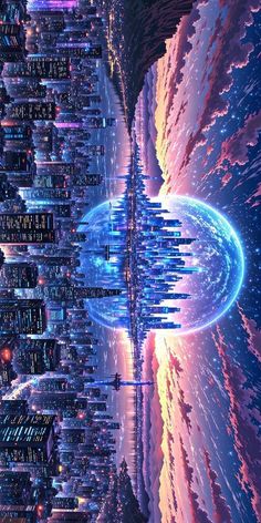 an image of futuristic cityscape with colorful lights in the sky and buildings at night