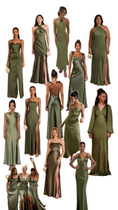 Martini Green Bridesmaid Dress, Khaki Green Bridesmaid Dresses, Green Bridesmaid Dresses Different Shades, Shades Of Olive Green Bridesmaid Dresses, Green Color Palette Bridesmaid Dresses, Green Sage Bridesmaid Dresses, Bridesmaid Dresses Groomsmen Suits, Olive Green Bridal Party Color Schemes, Different Bridesmaid Dresses Green